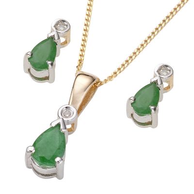 9ct Gold Emerald and Diamond Earring and Pendant Set - Product number 4680812