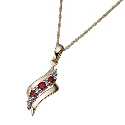 9ct Gold Ruby and Diamond Wave Bar Pendant