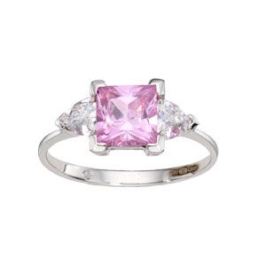 9ct White Gold Pink Cubic Zirconia Three Stone Ring