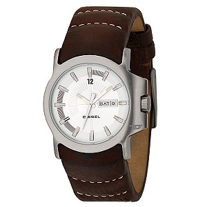 Diesel Watch with Brown Leather Strap and Silver Face