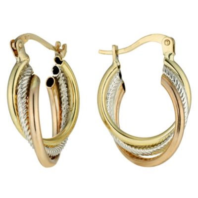 9ct Three Colour Gold Creole Earrings