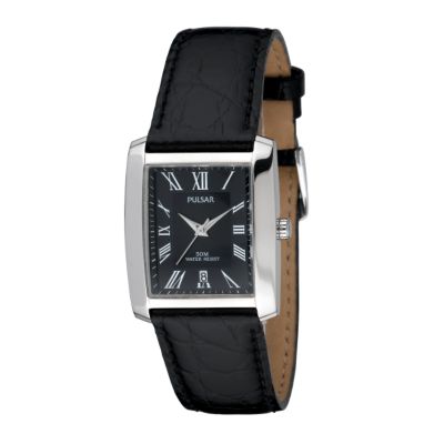 Pulsar Menand#39;s Black Dial Leather Strap Watch