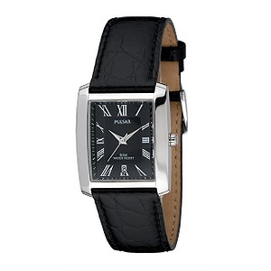 Menand#39;s Black Dial Leather Strap Watch