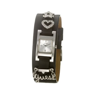 Guess Ladies' Silver Dial With Charms Black Cuff Watch