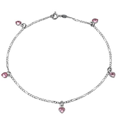 9ct White Gold Pink Cubic Zirconia Heart Anklet - Product number 5199107