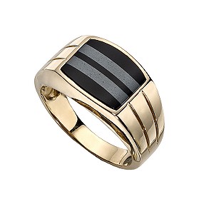 H Samuel 9ct Gold Onyx and Haematite Stripe Signet Ring