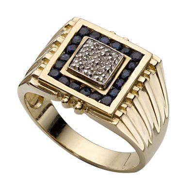 Menand#39;s 9ct Gold Sapphire and Diamond Signet Ring