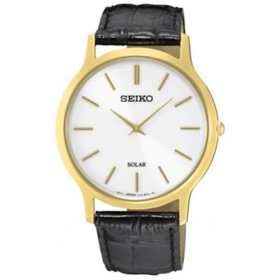 Seiko Solar Men's Gold-Plated Black Leather Strap Watch | H.Samuel