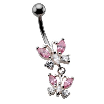 Stainless Steel Pink Cubic Zirconia Butterfly Belly Bar