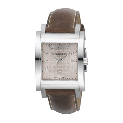 Burberry men's stainless steel tan leather strap watch