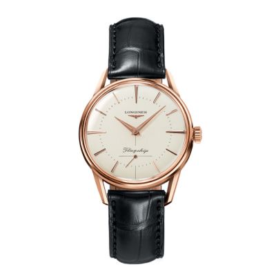 Longines men's 18ct rose gold black leather strap watch - Product number 5349702