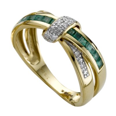 9ct Gold Emerald and Diamond Crossover Ring