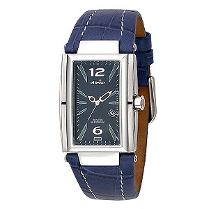 Menand#39;s Rectangular Case Blue Leather Strap Watch
