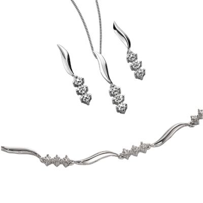 9ct White Gold Pendant, Earrings and Bracelet Set