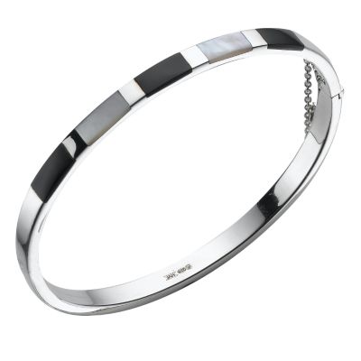 Silver Black and White Mother-of-pearl Hinged Bangle