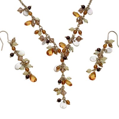 Gold-plated Brown Bead ''Y'' Drop Necklace and Earrings Set at H. Samuel