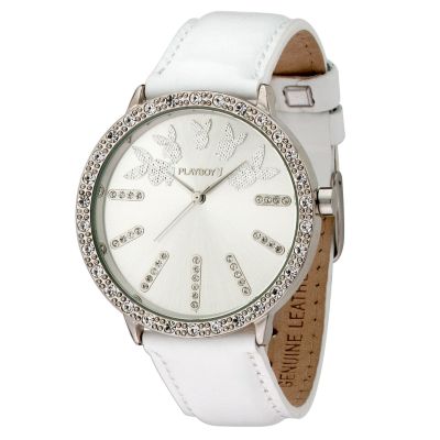 Playboy Ladiesand#39; Stone-set White Leather Strap Watch