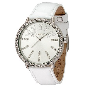 Ladiesand#39; Stone-set White Leather Strap Watch