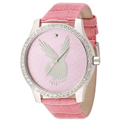 Ladies`Stone-set Pink Leather Strap Watch