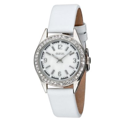 Ladies`Stone-set White Leather Strap Watch