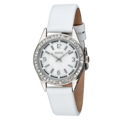 Ladiesand#39; Stone-set White Leather Strap Watch