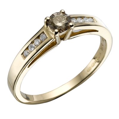 9ct Gold 1/3 Carat Brown Diamond Solitaire Ring with Diamond-set Shoulders - Product number 5590671