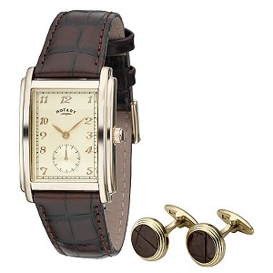 Rotary Menand#39;s Brown Strap Watch Set with Cufflinks