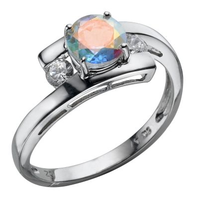 9ct White Gold Threestone Rainbow Mist Topaz and Cubic Zirconia Ring