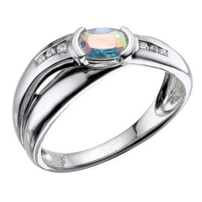 9ct White Gold Oval Rainbow Mist Topaz and Cubic Zirconia Crossover Ring - Product number 5595576