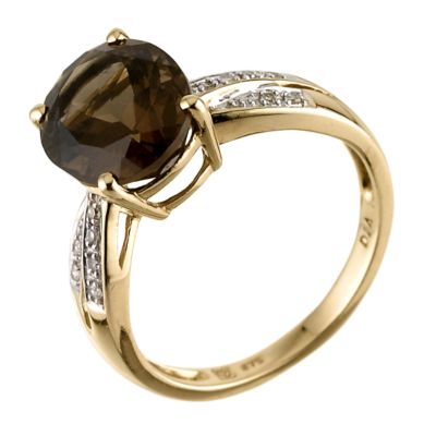 9ct Yellow Gold 4pt Diamond Smoky Quartz Ring