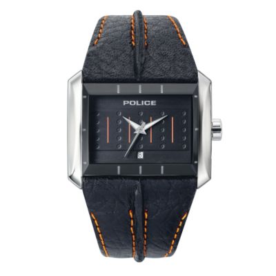 Police Men` Black Leather Strap Watch