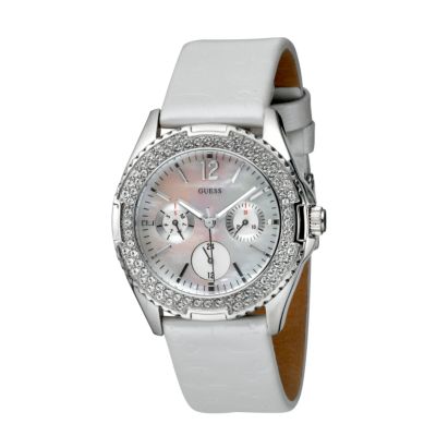 Guess Ladies`White Leather Strap Watch