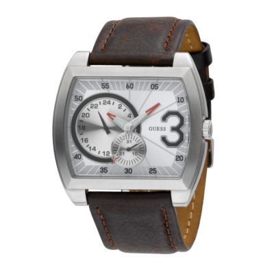 Guess Men's Brown Leather Strap Watch