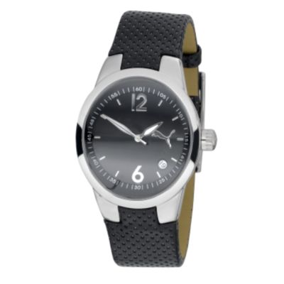 Men` Black Leather Strap Watch