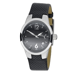 Puma Men` Black Leather Strap Watch