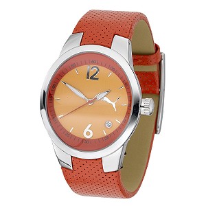 Puma Men` Orange Leather Strap Watch