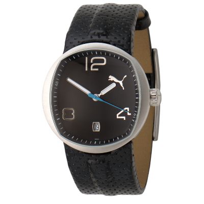 Black Dial Black Leather Strap Watch