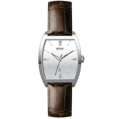 The BOSS watch collection combines unique and contemporary style with fine Swiss watchmaking. A stylish men's timepiece with date function featuring a smooth tonneau-shaped stainless steel case with white dial and classic brown leather strap.
