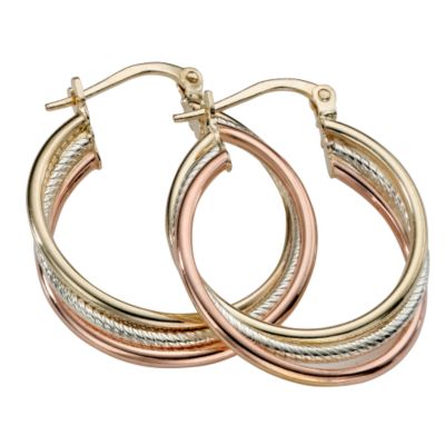 9ct Three Colour Gold Creole Hoop Earrings