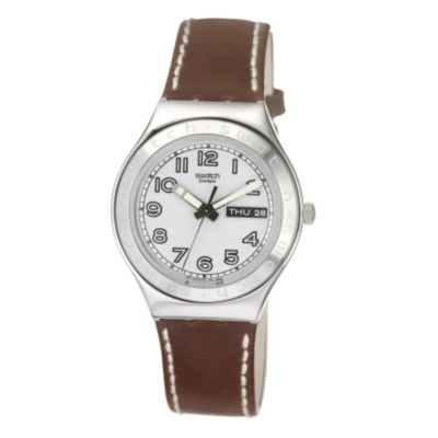 Swatch Casse Cou Men` Brown Leather Strap Watch