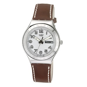 Swatch Casse Cou Men` Brown Leather Strap Watch