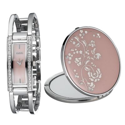 Oasis Ladies Pink StoneSet Watch With Compact
