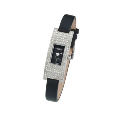 Ladies`Stone-set Black Strap Watch