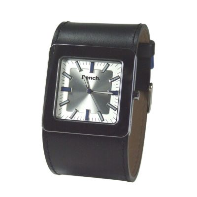Bench Men's Silver Square Dial and Black Leather Cuff Watch