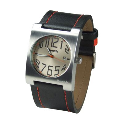 Bench Men` Black and Orange Leather Strap Watch