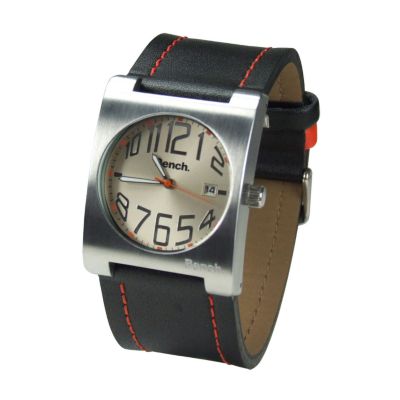 Men` Black and Orange Leather Strap Watch