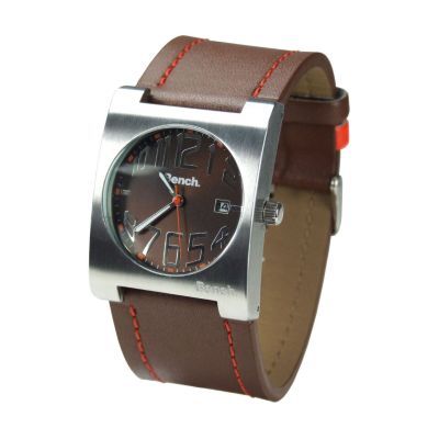 Men` Brown and Orange Leather Strap Watch