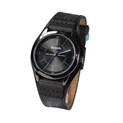 Ladies`Round Black Dial and Black Leather Cuff Watch