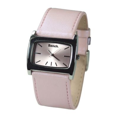 Ladies`Rectangular Pink Dial Leather Strap Watch