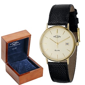 Rotary Men` 9ct Gold Leather Strap Watch